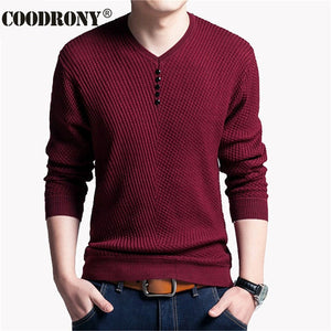 COODRONY, suéter Casual con cuello en V para hombre, jersey de otoño ajustado, camisa de manga larga para hombre, suéteres de punto de lana de Cachemira para hombre