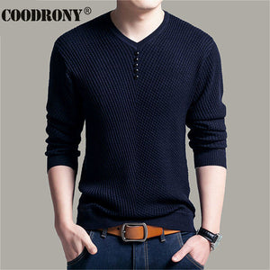 COODRONY, suéter Casual con cuello en V para hombre, jersey de otoño ajustado, camisa de manga larga para hombre, suéteres de punto de lana de Cachemira para hombre